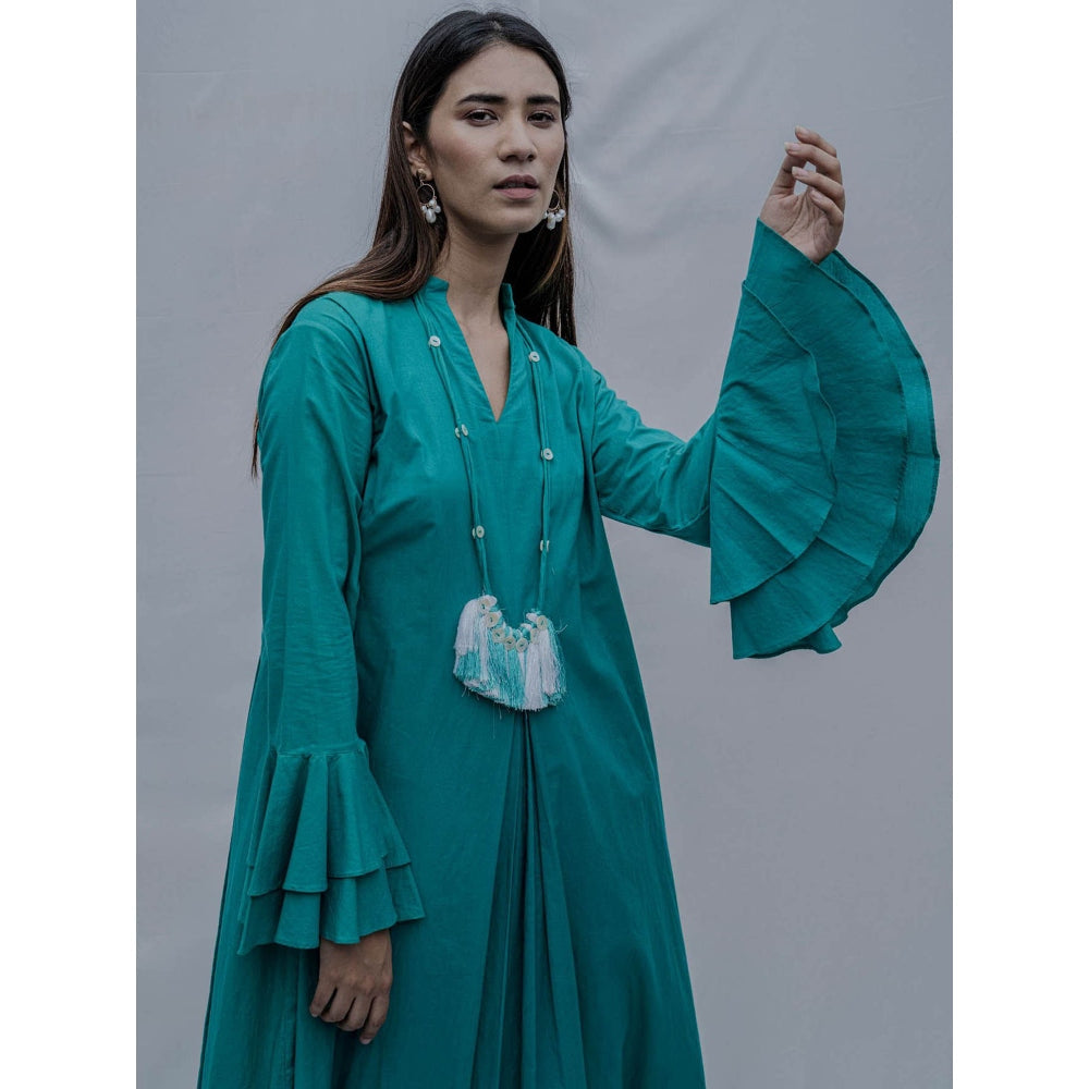 Bohame Turquoise Front Pleated Dress With Necklace (Set of 2)