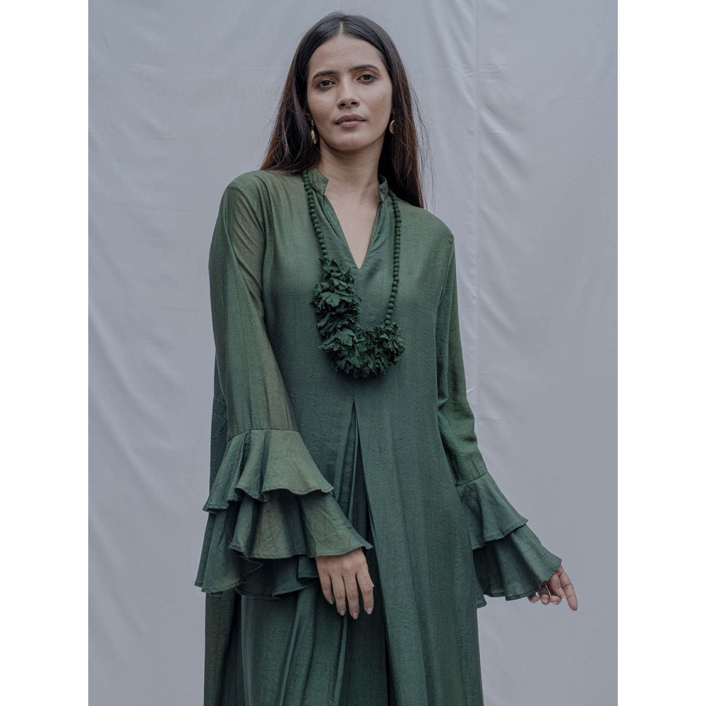 Bohame Bottle Green Front Pleated Dress With Necklace (Set of 2)