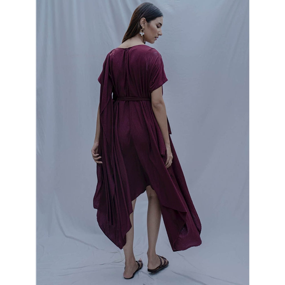 Bohame Maroon Jess Overlap Asymmetric Dress With Belt (Set of 2)