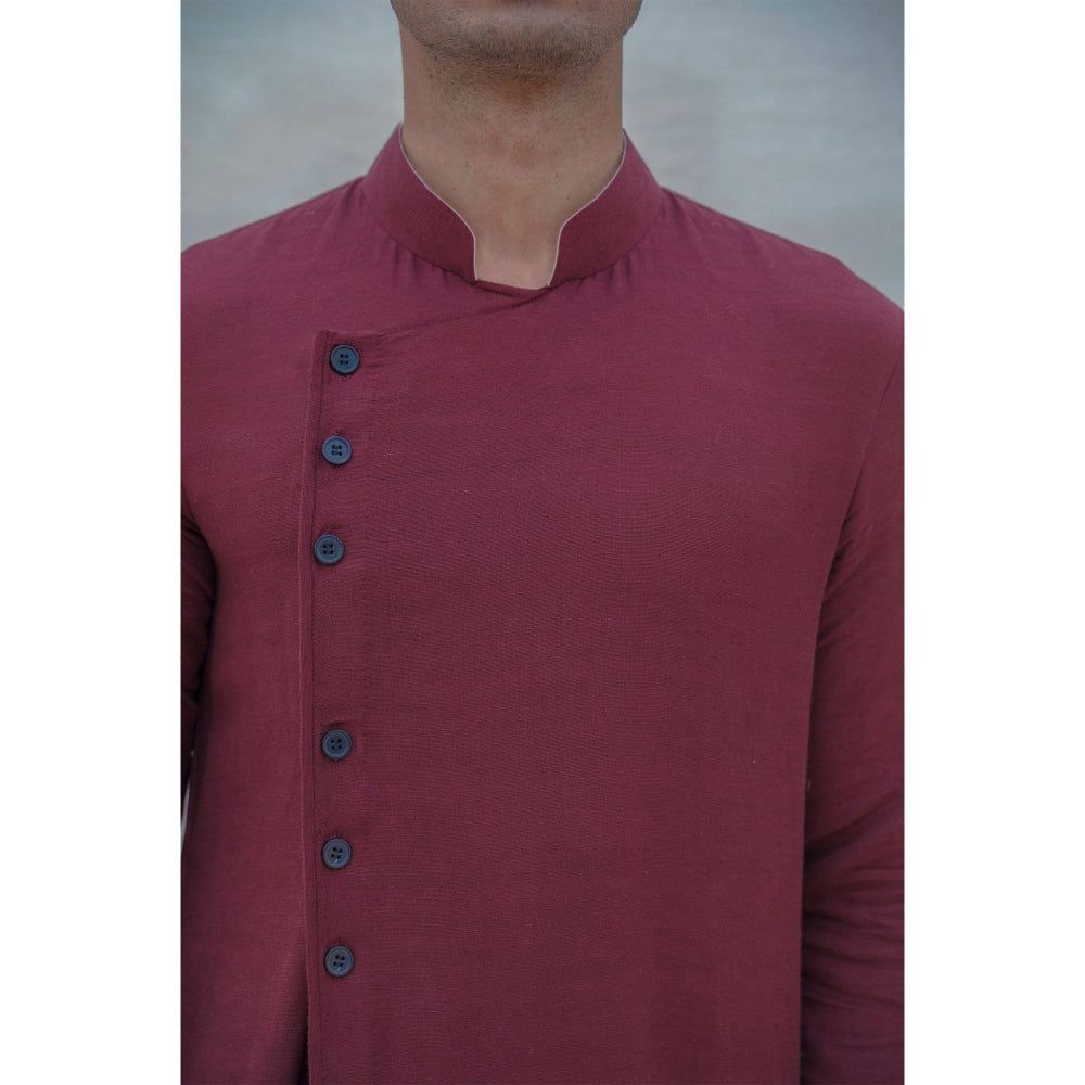 Bohame Cotton X Linen In Maroon Kurta With Pajama (Set of 2)