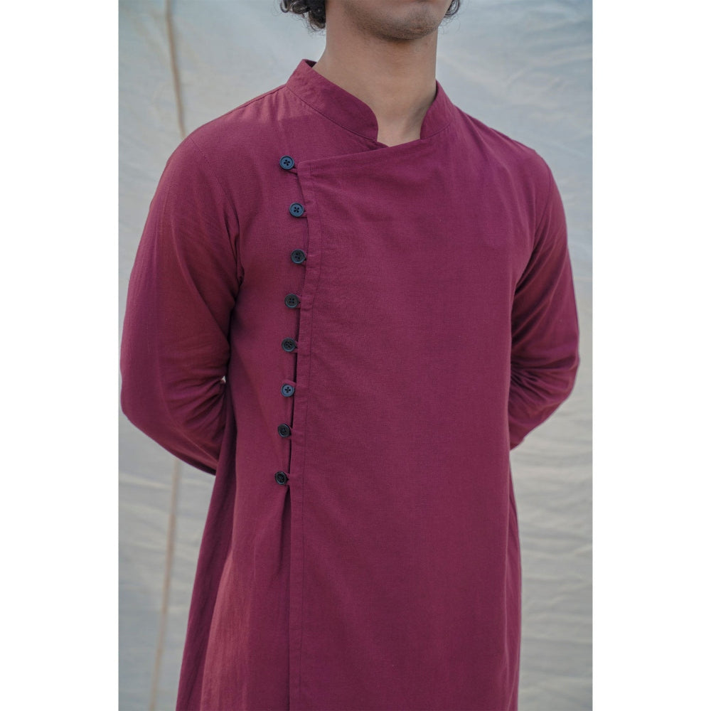 Bohame Cotton X Linen In Maroon Kurta With Pajama (Set of 2)