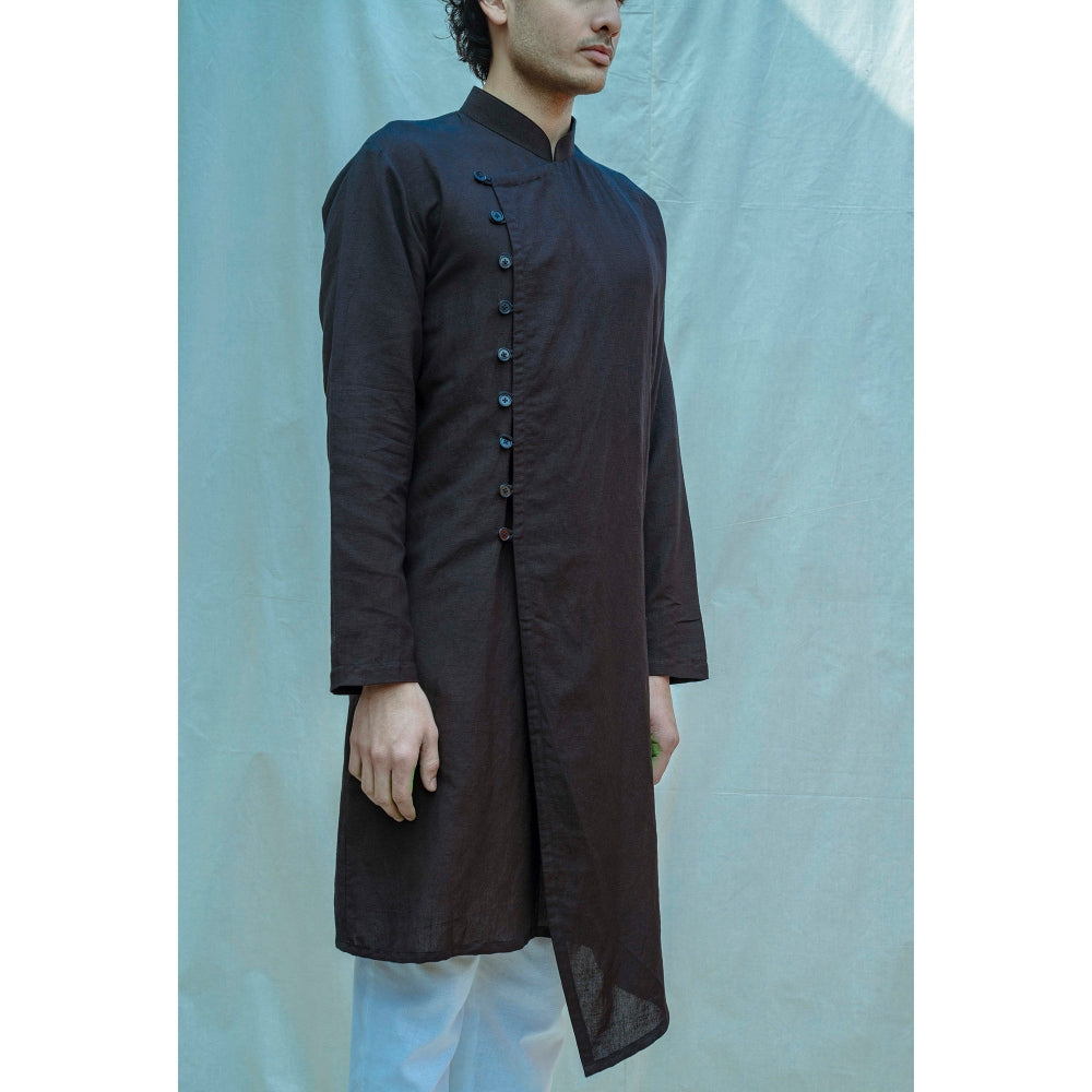 Bohame Cotton X Linen Overlapped Kurta With Pajama In Black (Set of 2)