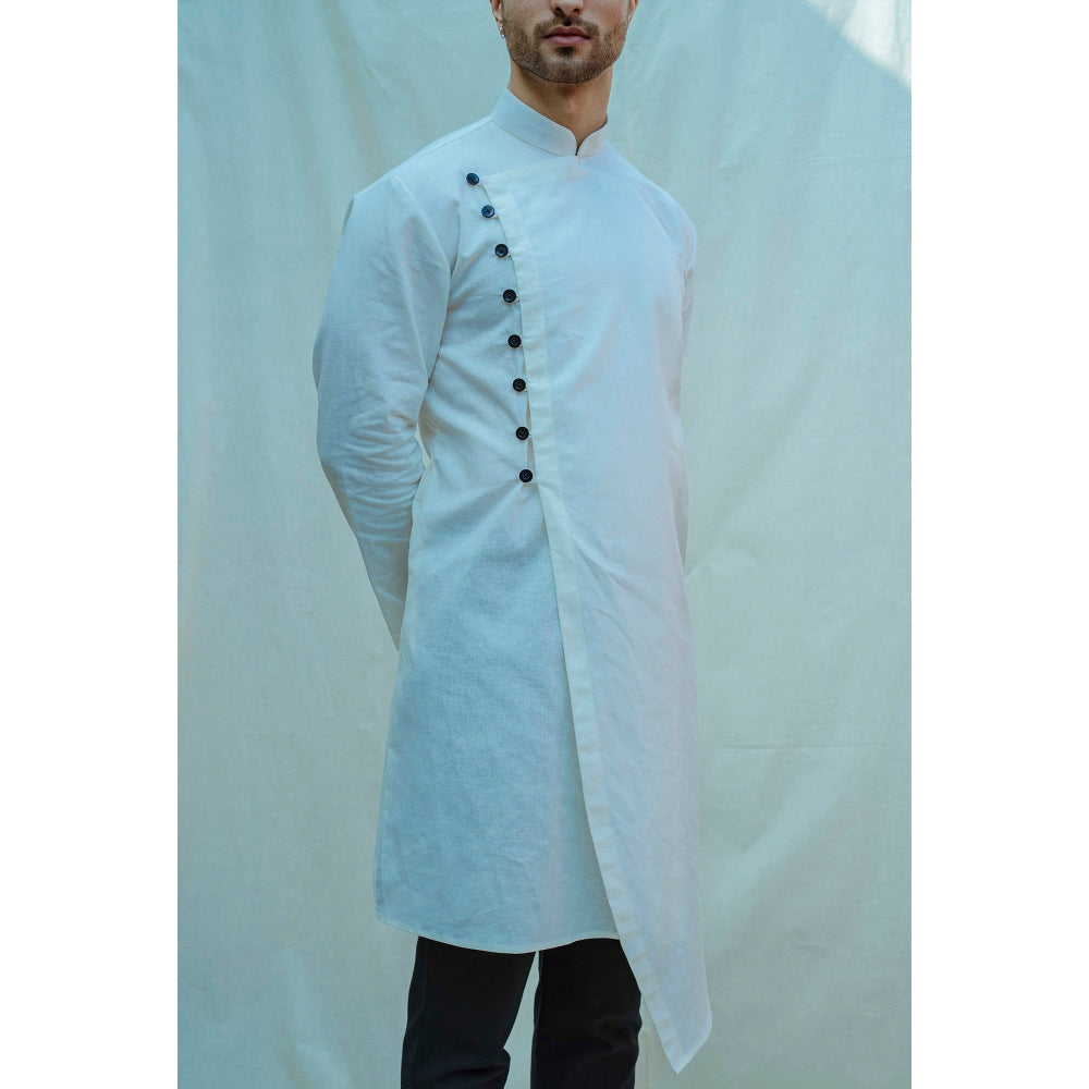Bohame Cotton X Linen Overlapped Kurta With Pajama In White (Set of 2)