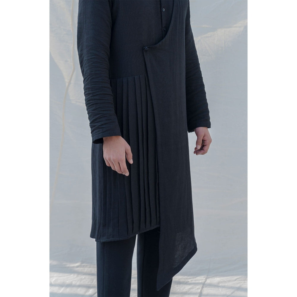 Bohame Cotton X Linen Black Kurta With Pajama (Set of 2)