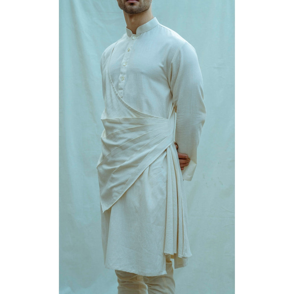 Bohame Cotton X Linen Pleated Angrakha Kurta With Pajama In Off-White (Set of 2)