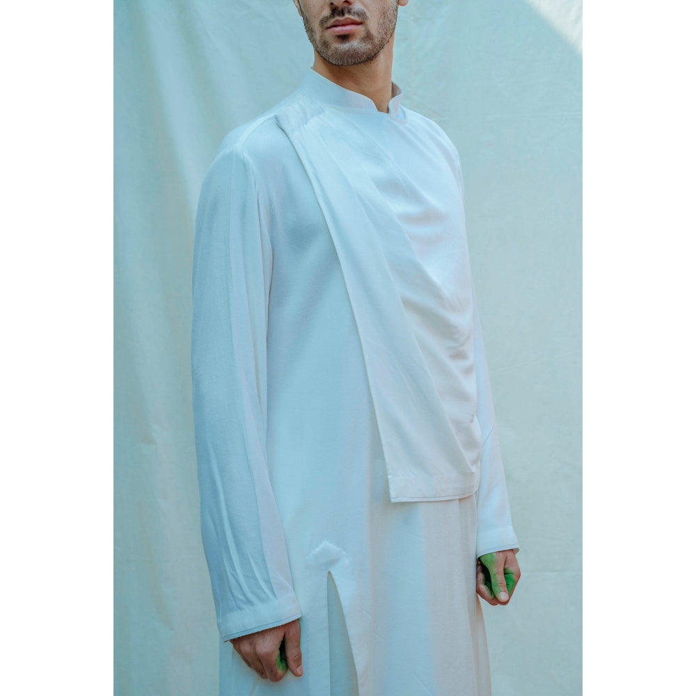 Bohame Overlapped Cowl Kurta With Pajama In White (Set of 2)