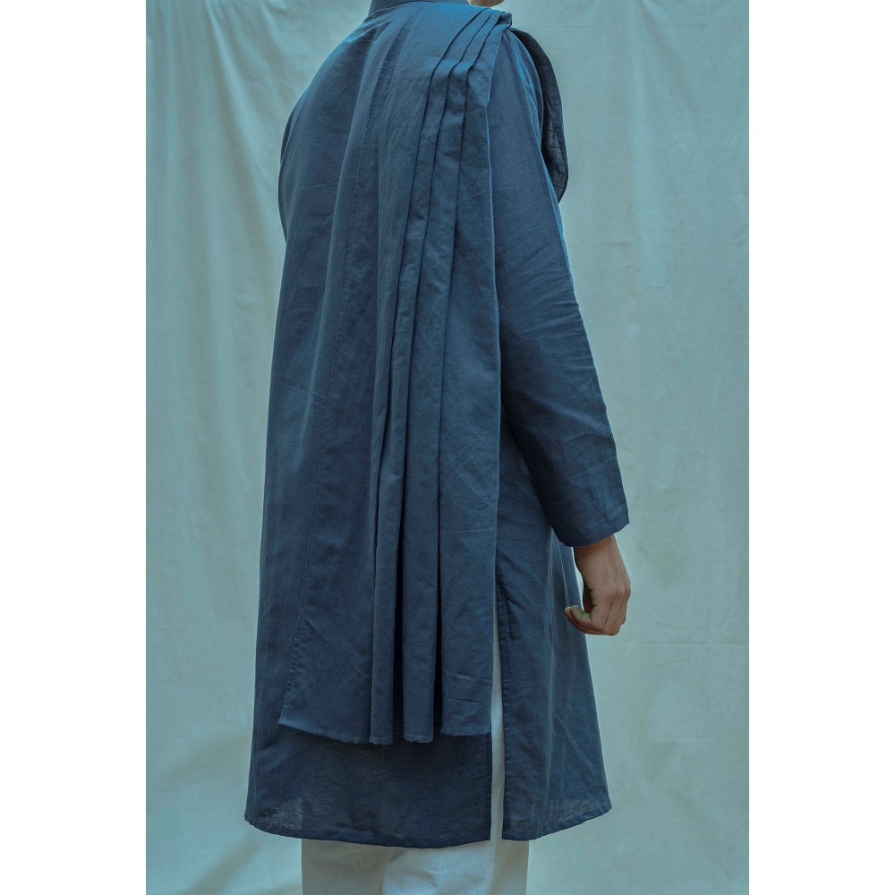 Bohame Cotton X Linen Back Pleated Kurta With Pajama In Royal Blue (Set of 2)