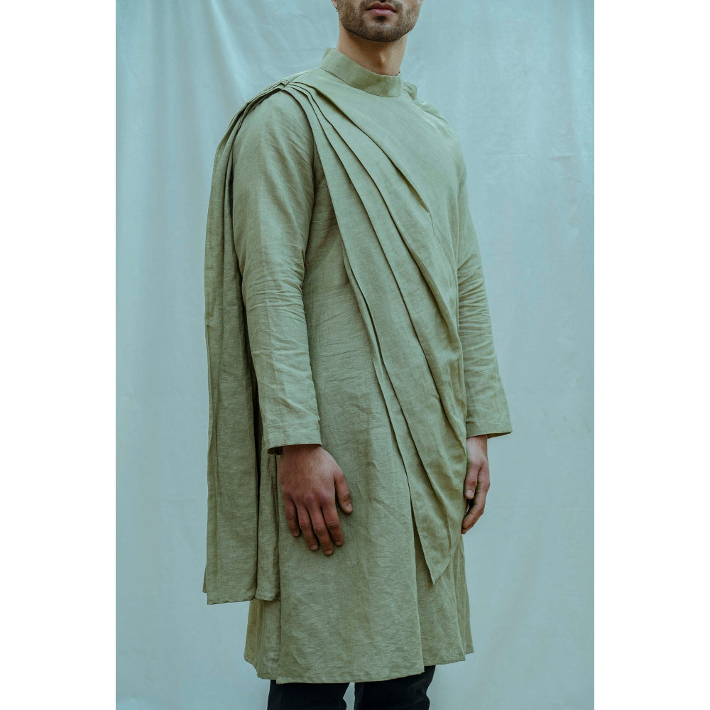 Bohame Cotton X Linen Back Pleated Kurta With Pajama In Green (Set of 2)