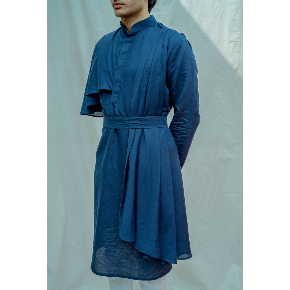 Bohame Cotton X Linen Cape Style Kurta With Pajama In Blue (Set of 2)