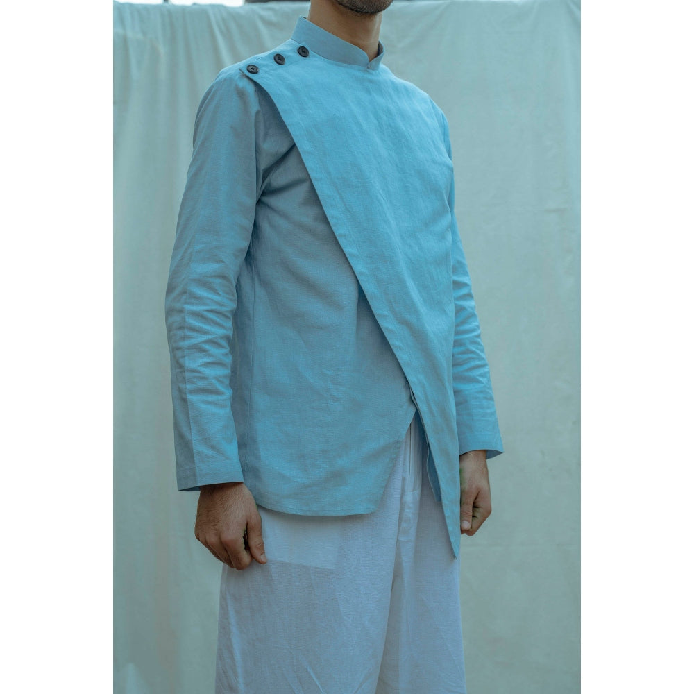 Bohame Overlapped Shirt Kurta With Pajama In Light Blue (Set of 2)
