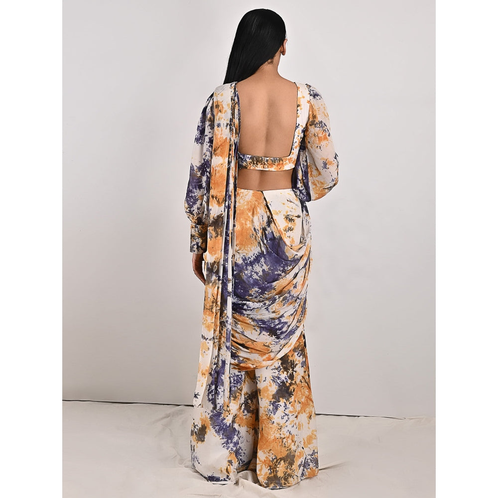 Bohame Irina Blue & Mustard Tie Dye Concept Saree (Set of 2)