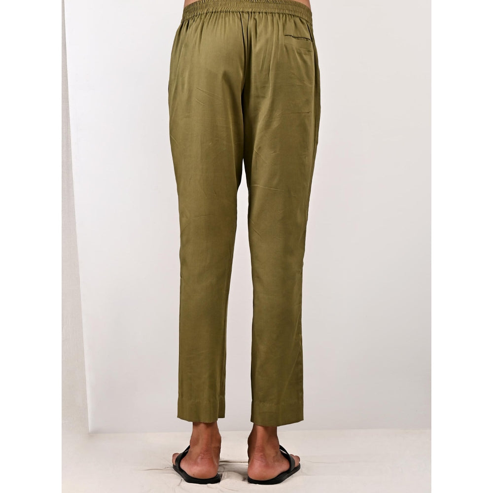 Bohame Ezra Beige and Green Asymmetric Kurta With Straight Pants (Set of 2)