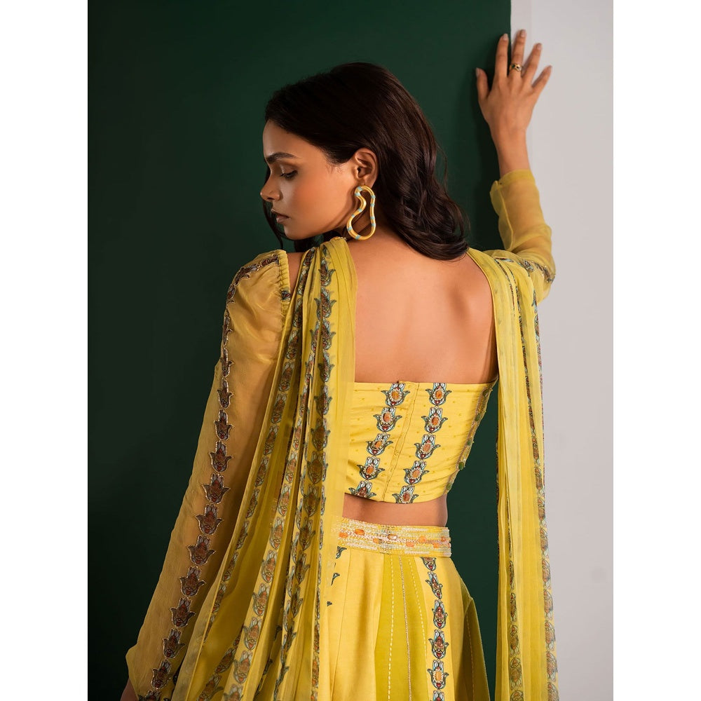 17 : 17 by Simmi Saboo Yellow Evil Eye Bustier with Kali Lehenga & Choker Dupatta (Set of 3)