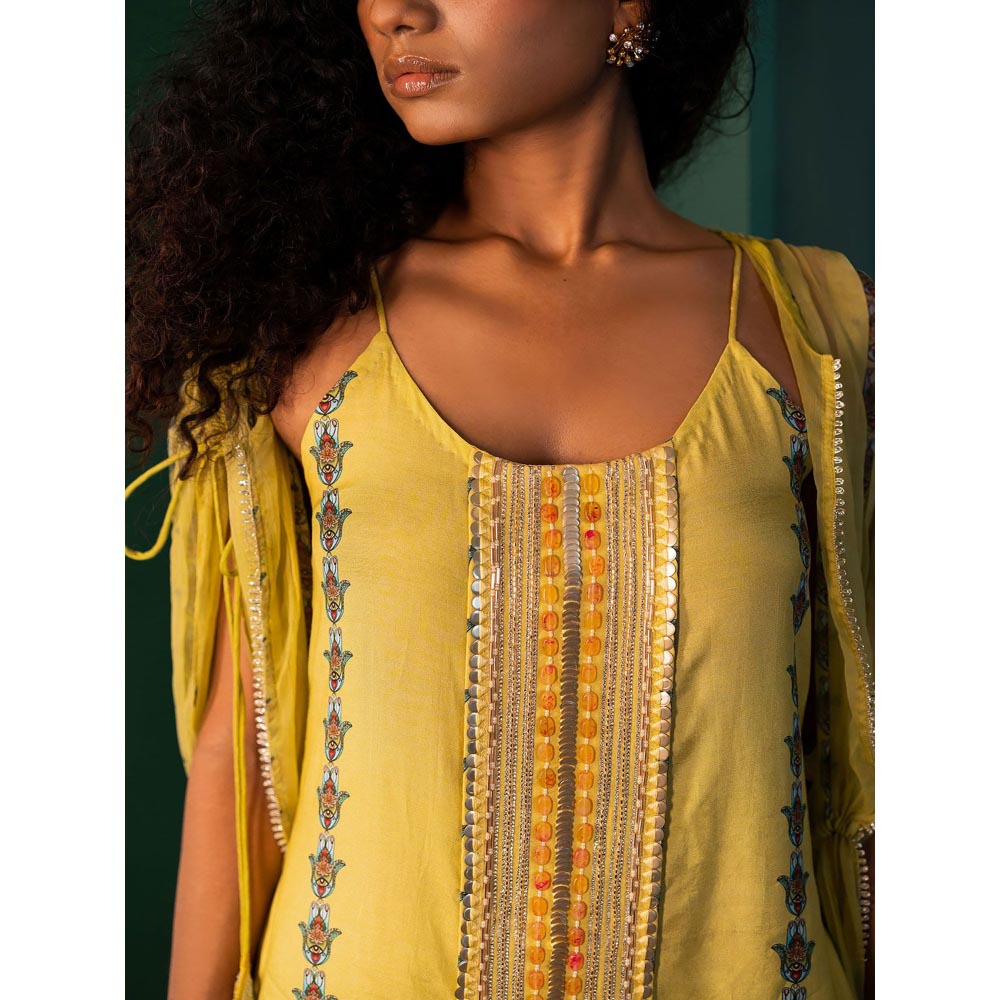 17 : 17 by Simmi Saboo Yellow Evil Eye Kurta & Palazzo with Drawstring Jacket (Set of 3)