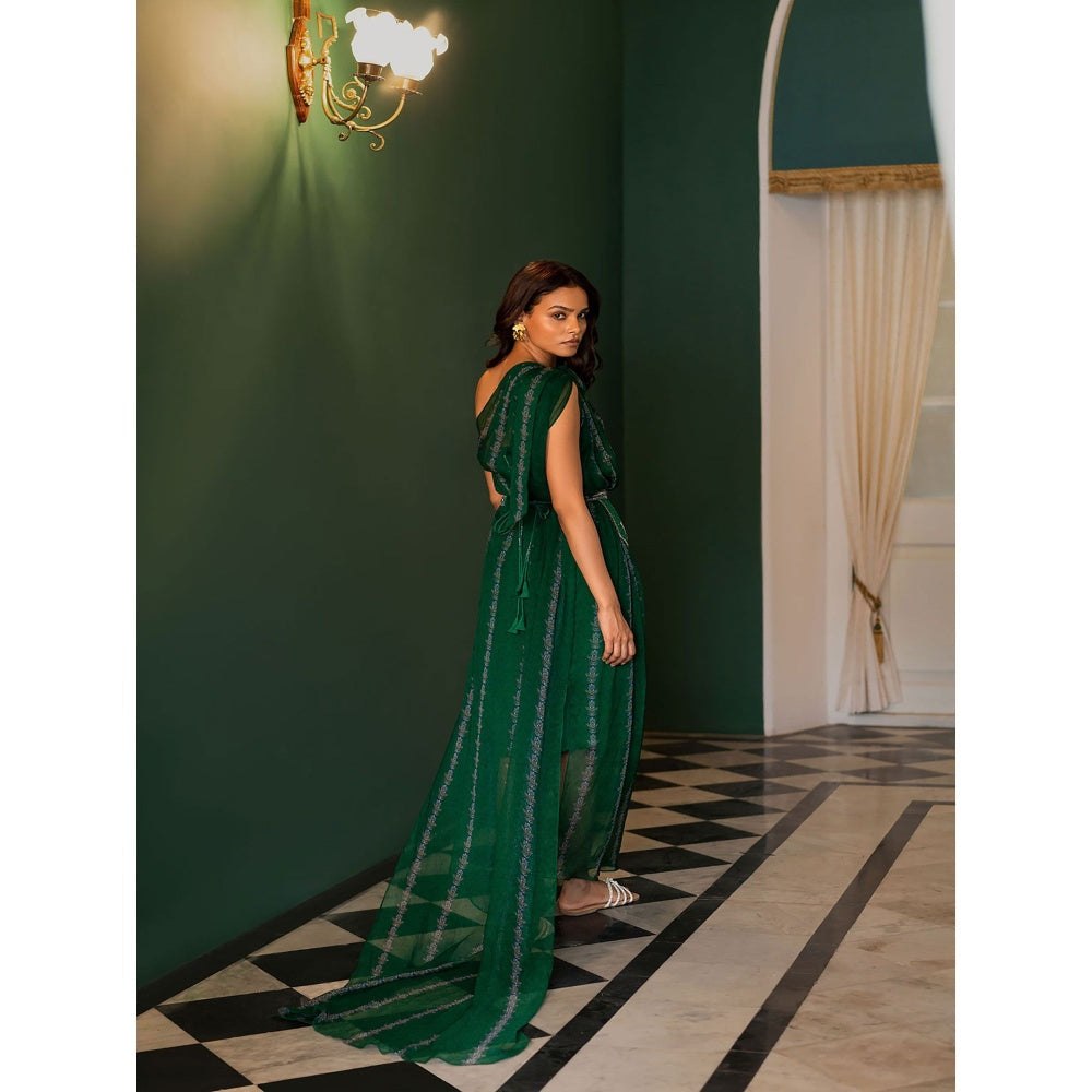 17 : 17 by Simmi Saboo Green Evil Eye Chiffon Slit Dress Pocket Belt Inner (Set of 3)