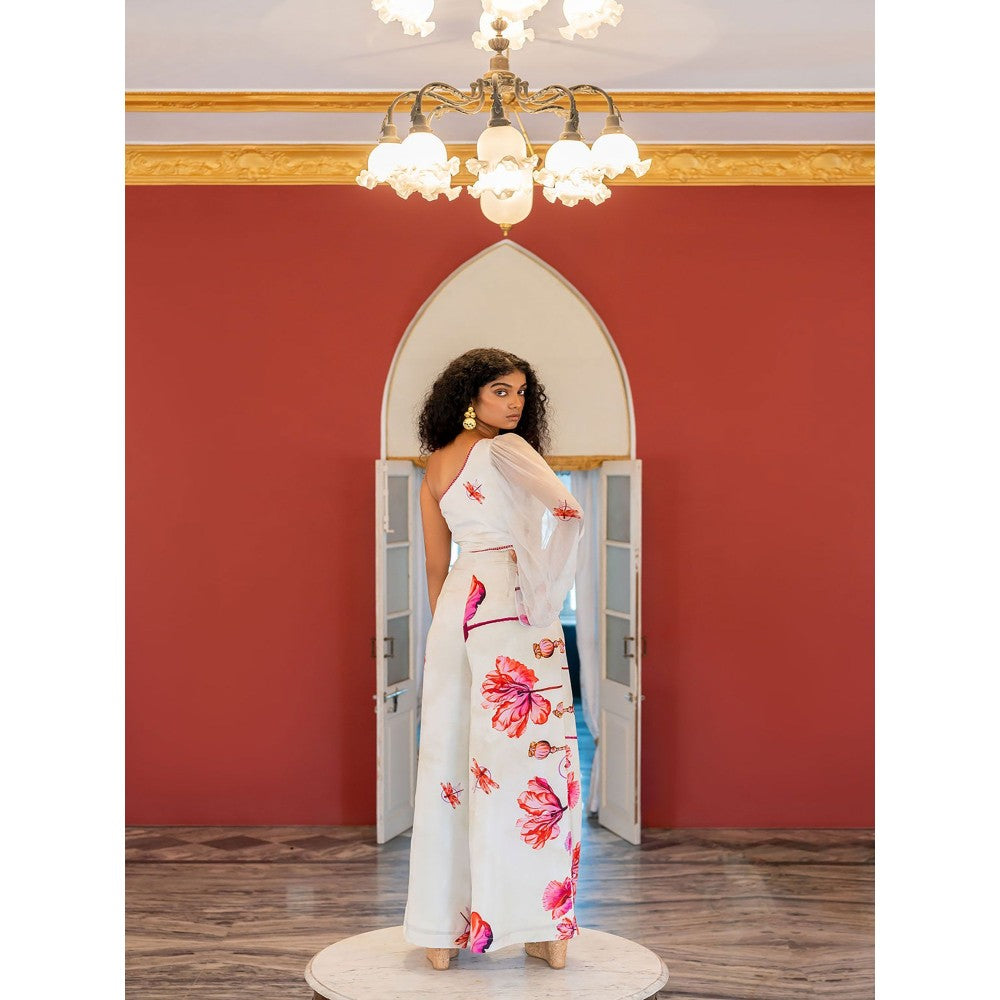 17 : 17 by Simmi Saboo Off White Dragon Fly Print One Shoulder Waist Cutout Jumpsuit