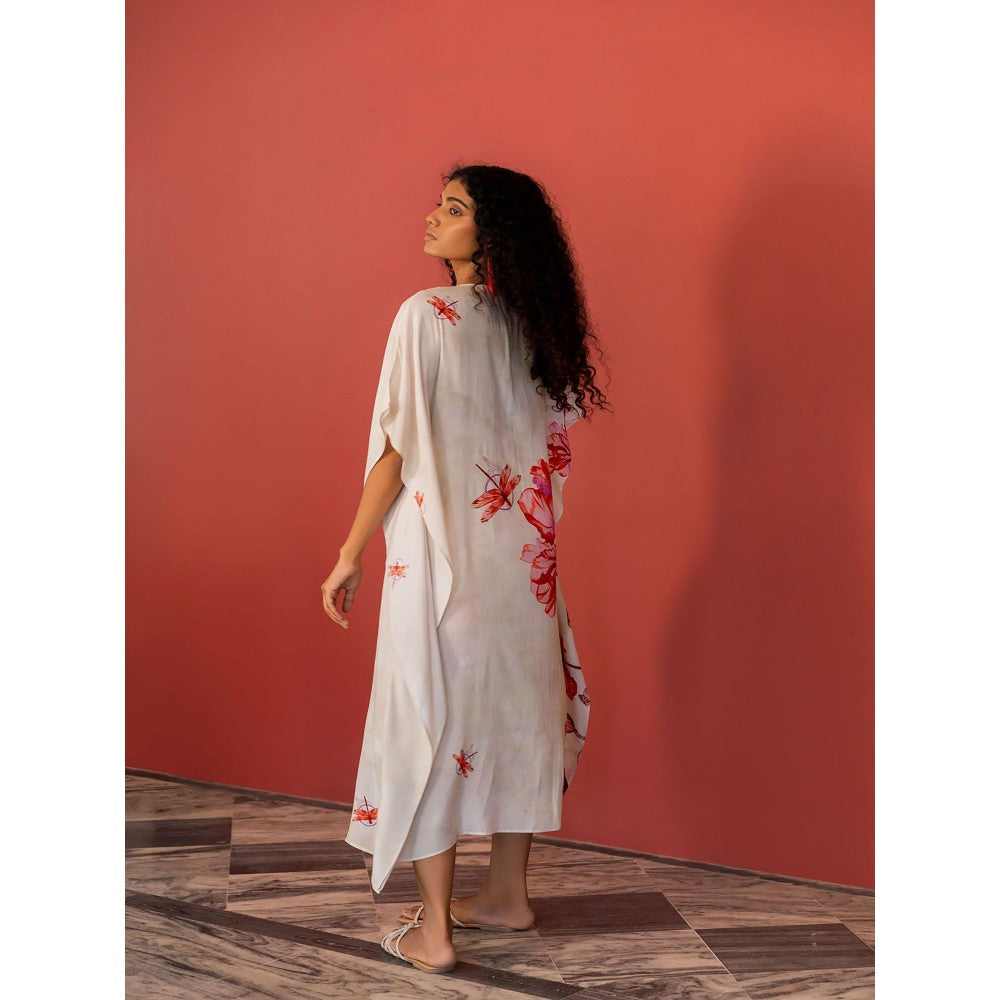 17 : 17 by Simmi Saboo Off White Dragonfly Print V-Neck Kaftan