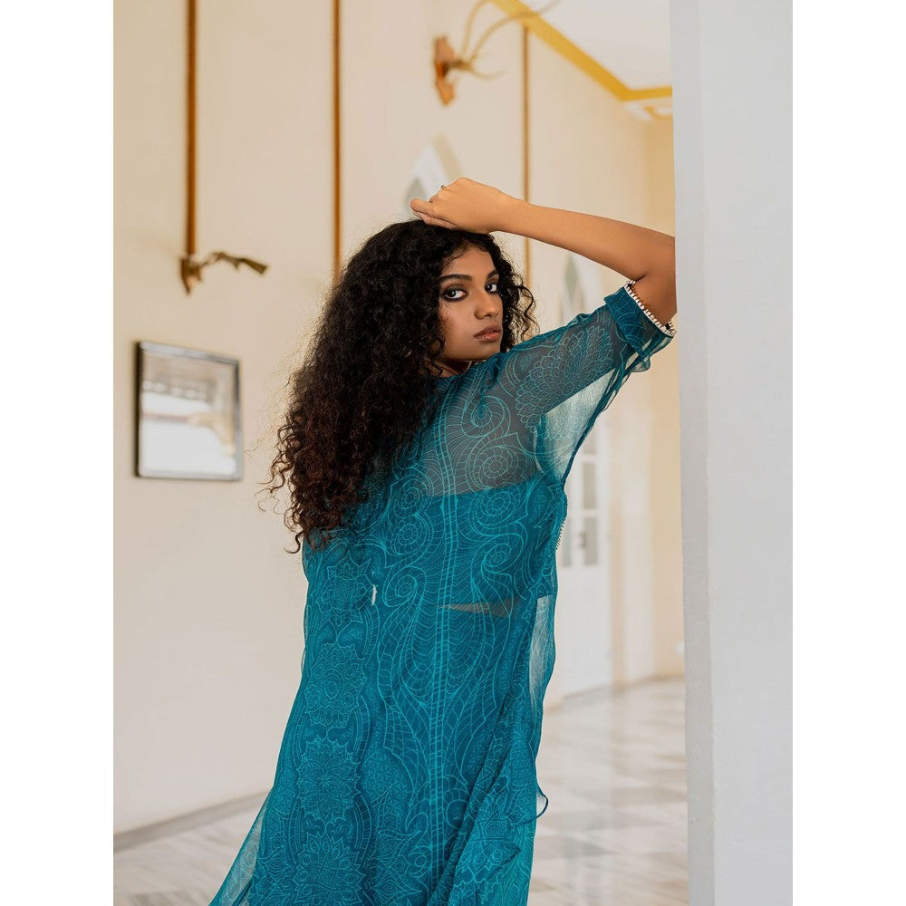 17 : 17 by Simmi Saboo Teal Mandala C-Cut Chiffon Kurta with Harem Pants (Set of 2)