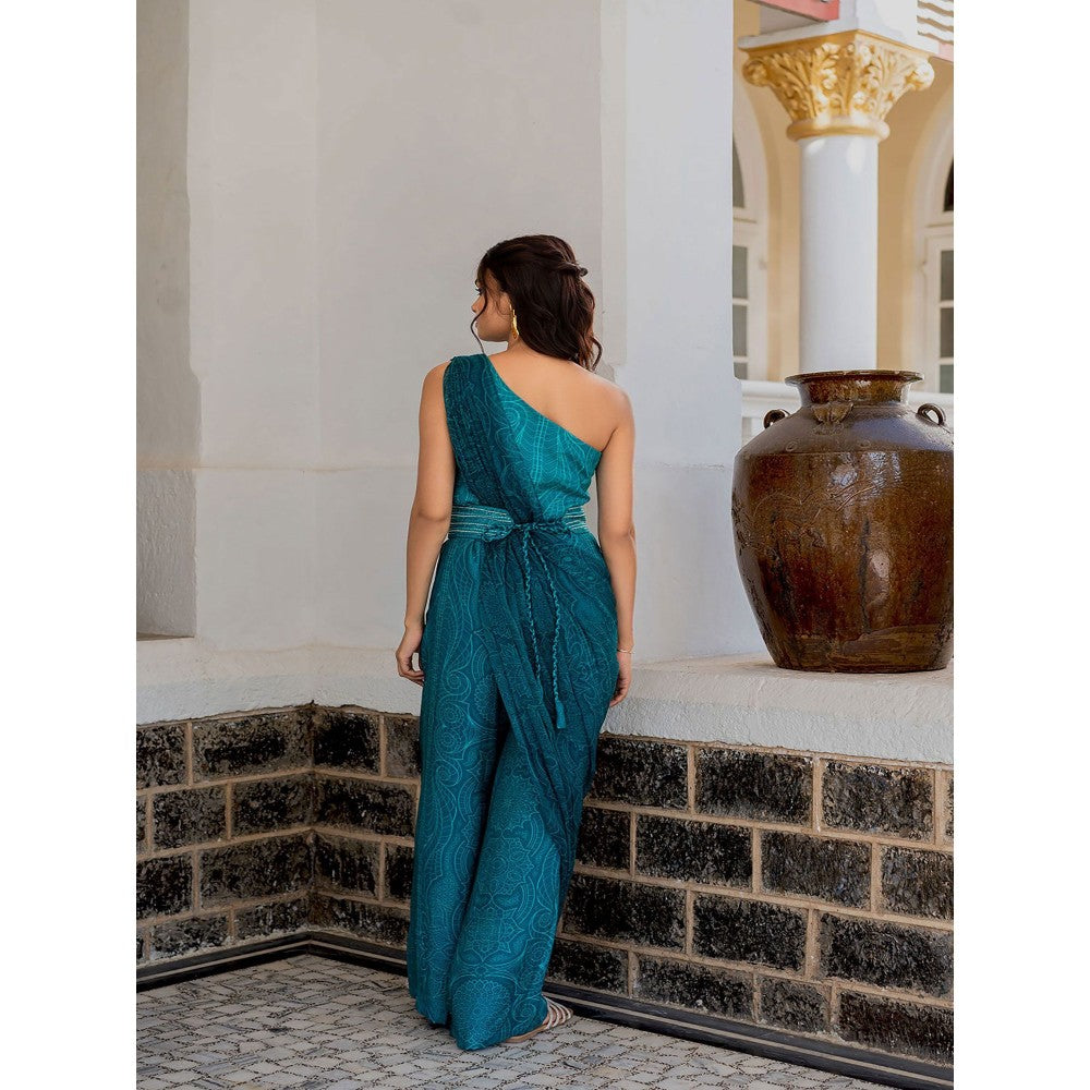 17 : 17 by Simmi Saboo Teal Mandala Half Yoke Drape Jumpsuit Embroidered Belt (Set of 2)
