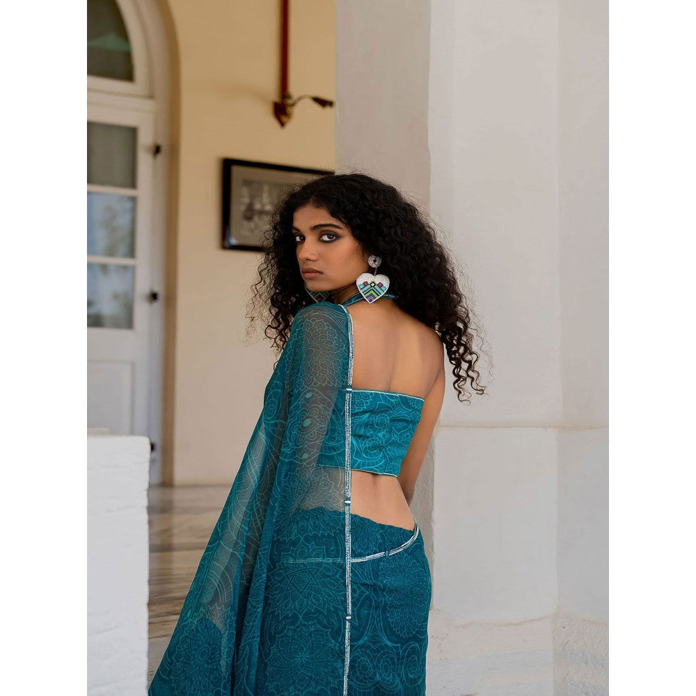 17 : 17 by Simmi Saboo Teal Mandala Ruffle Saree with Embroidered Stitched Blouse