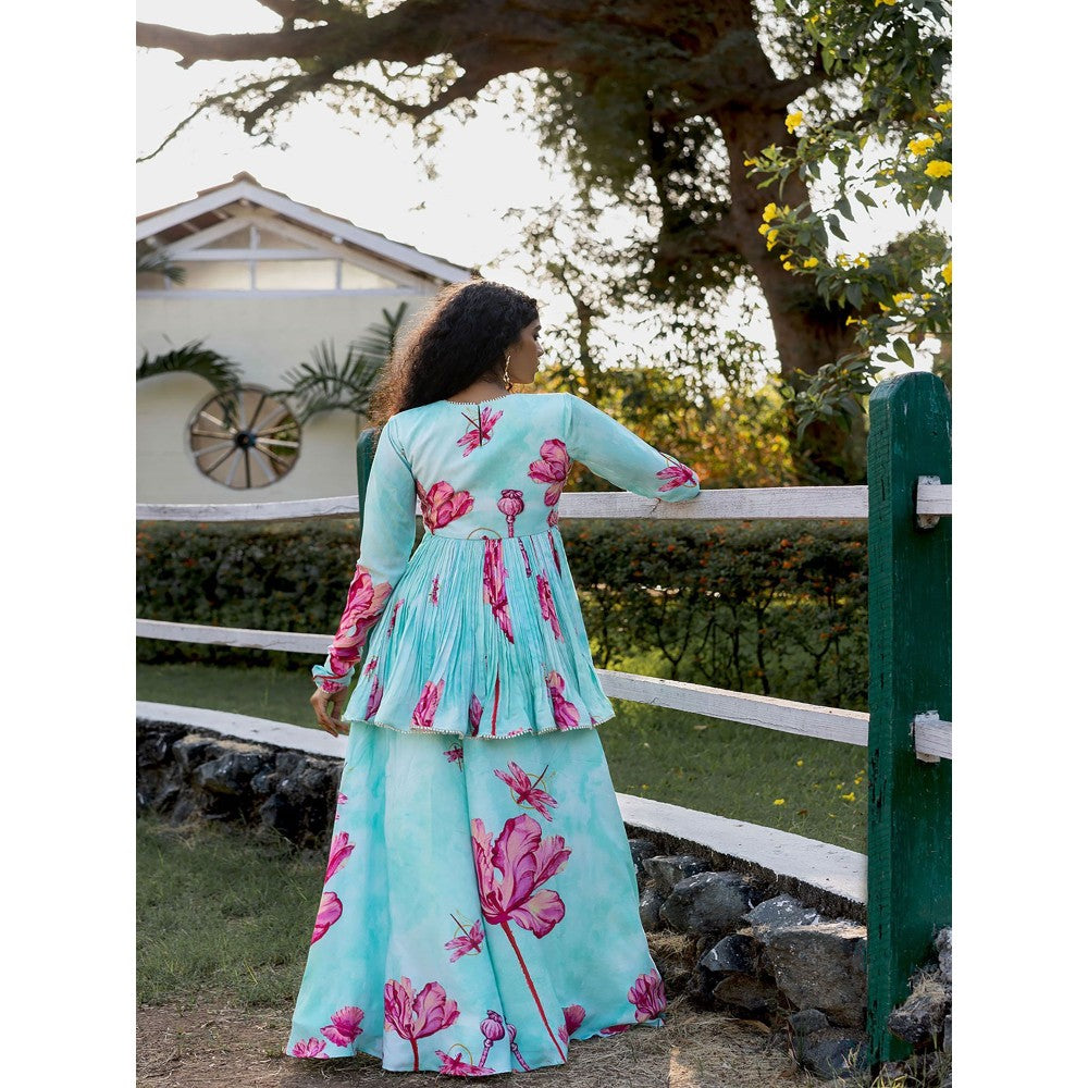 17 : 17 by Simmi Saboo Sky Blue Dragonfly Print Embroidered Peplum with Gharara (Set of 2)