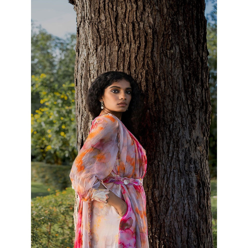 17 : 17 by Simmi Saboo Red Ombre One Shoulder Jumpsuit with Drape Embroidered Belt (Set of 2)