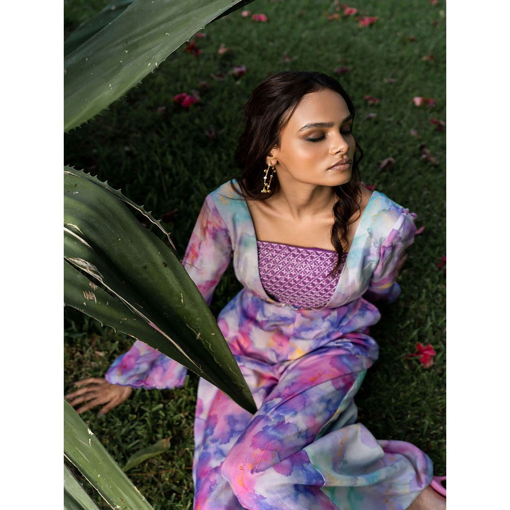 17 : 17 by Simmi Saboo Purple Ombre Chawal Taka Bustier with Deep V Neck Jumpsuit (Set of 2)