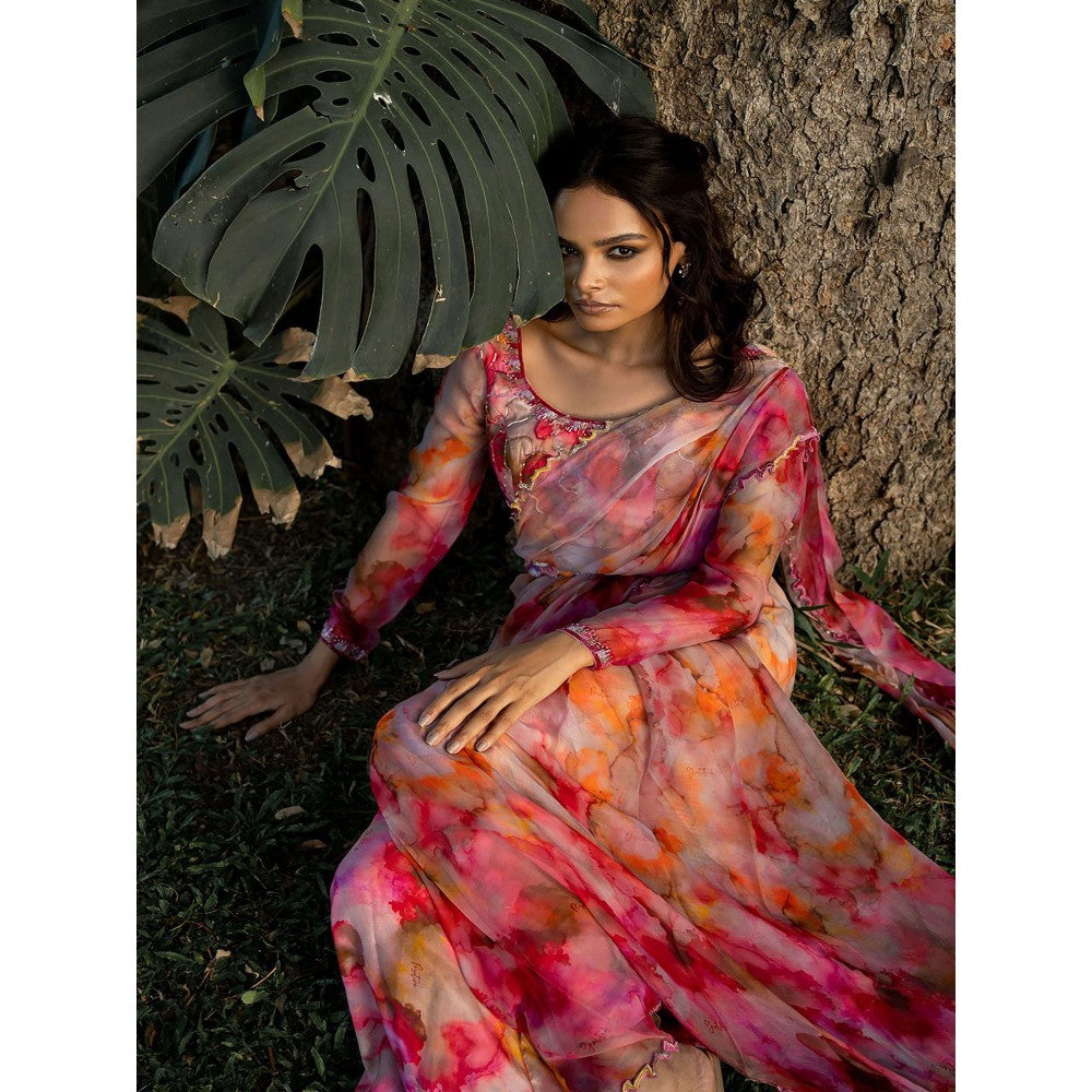 17 : 17 by Simmi Saboo Red Ombre Round Neck Full Sleeves Bustier with Pant Saree (Set of 3)