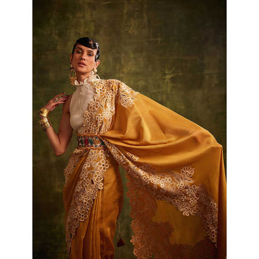 CHANDRIMA Yellow And Ivory Contrast Cutwork Saree