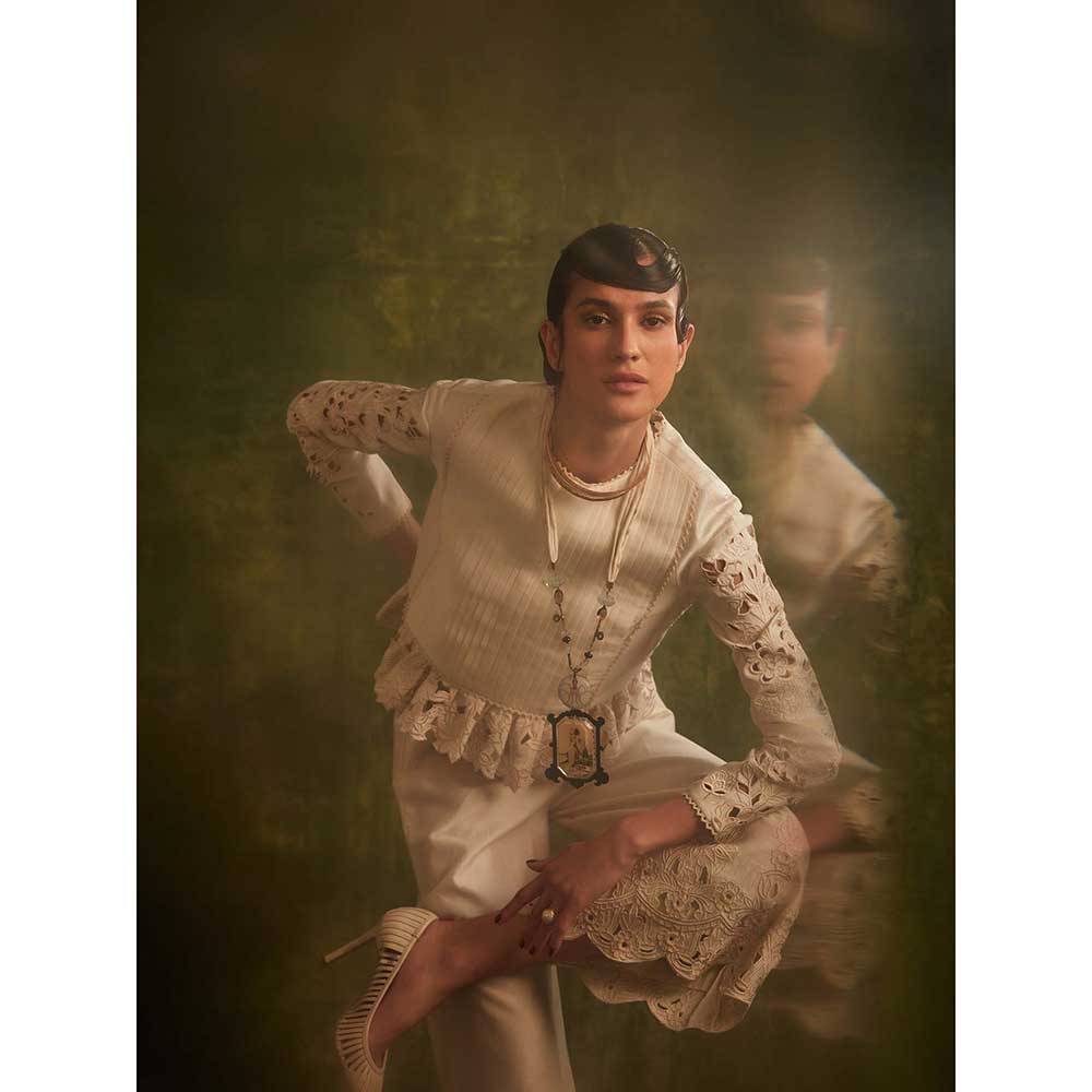 CHANDRIMA Ivory Yoke Pleated Peplum Top