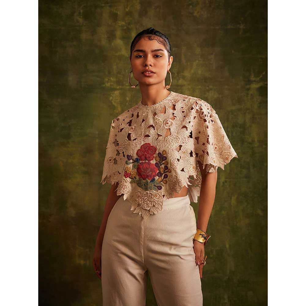 CHANDRIMA Ivory Cutwork And Beadwork Poncho