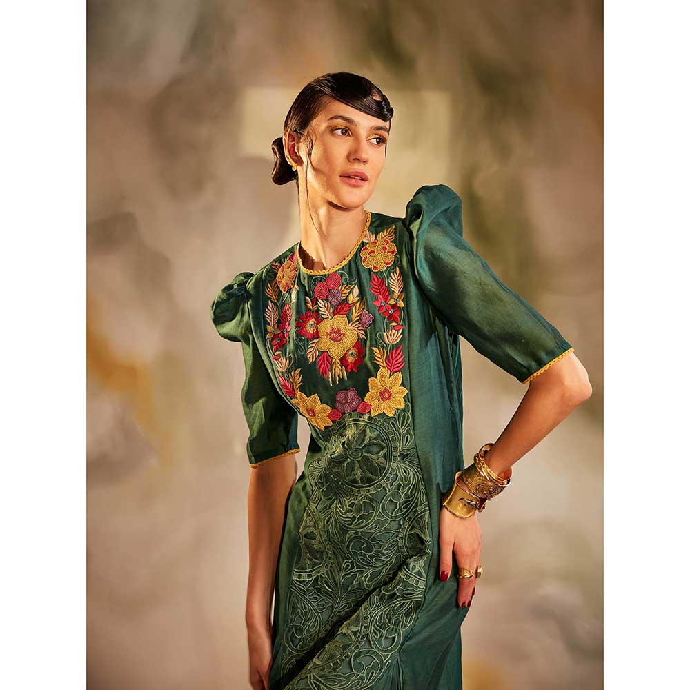 CHANDRIMA Emerald Green Cutwork Maxi Dress