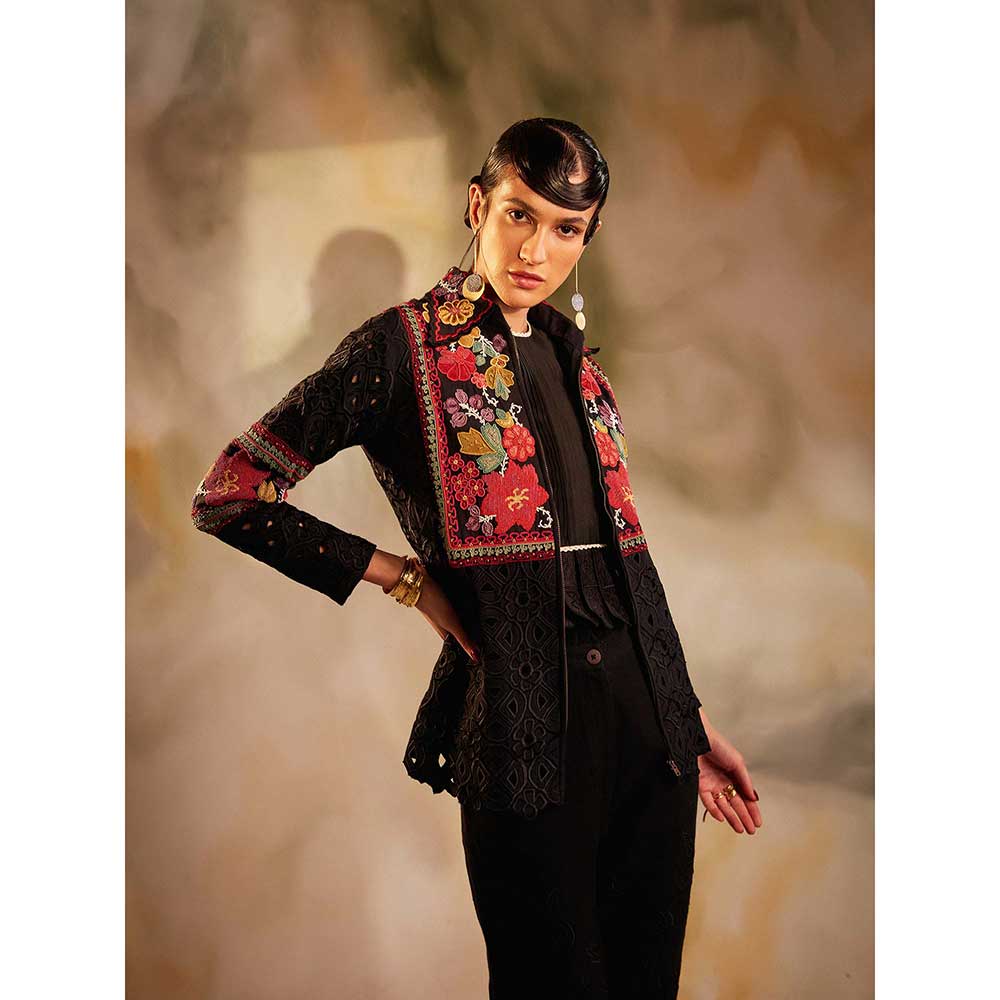 CHANDRIMA Black Cutwork And Beadwork Paneled Jacket