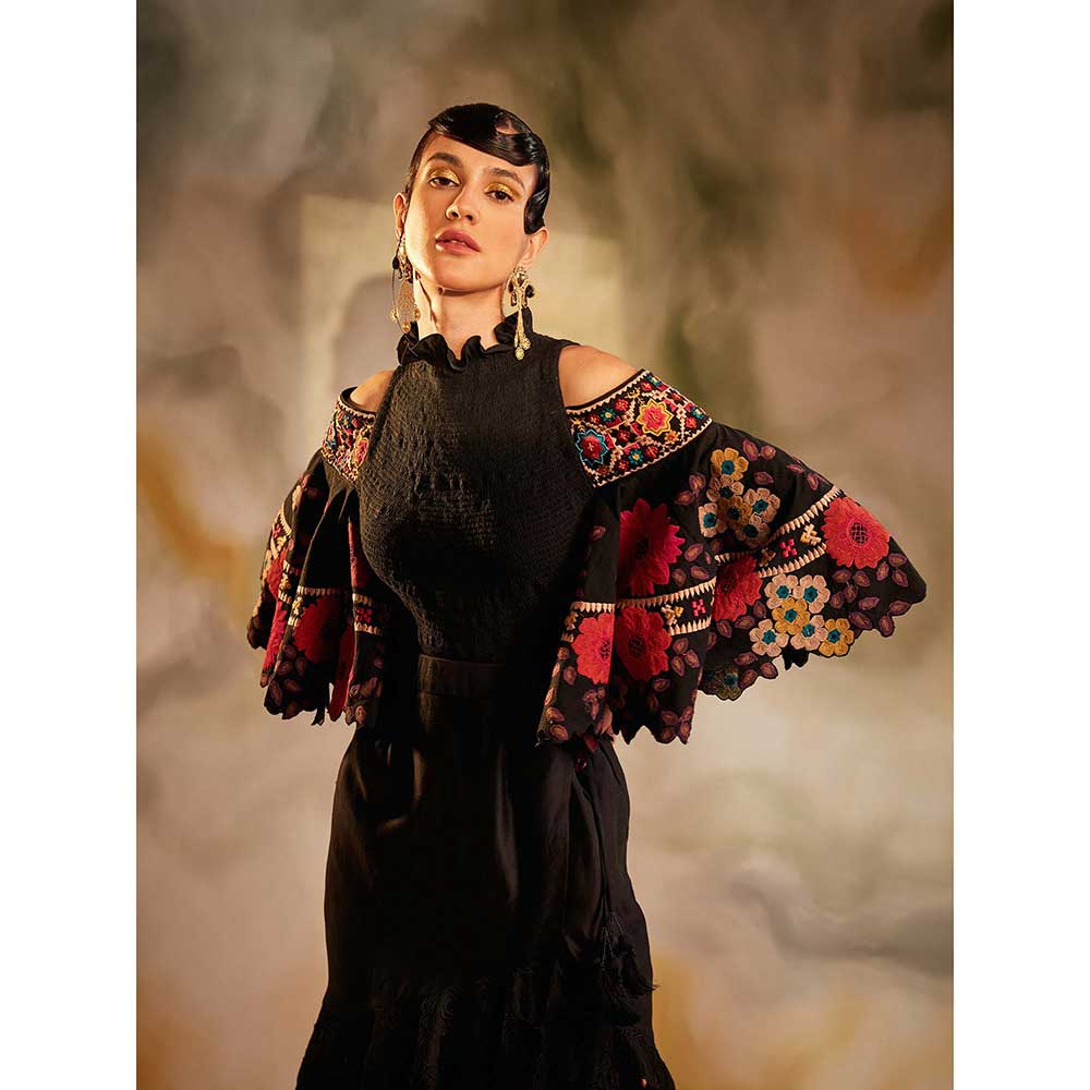 CHANDRIMA Black Cold Shoulder Bell Sleeves Top