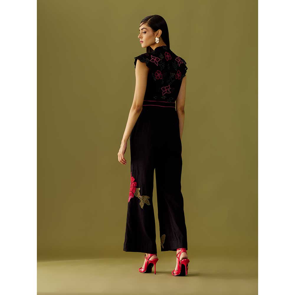 CHANDRIMA Black Floral Applique And Beadwork Kala Cotton Jumpsuit