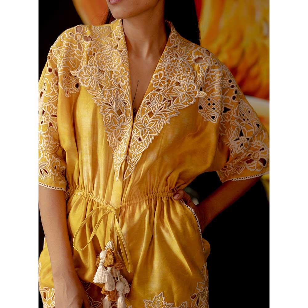 CHANDRIMA Yellow Tie-Dye Cutwork Playsuit