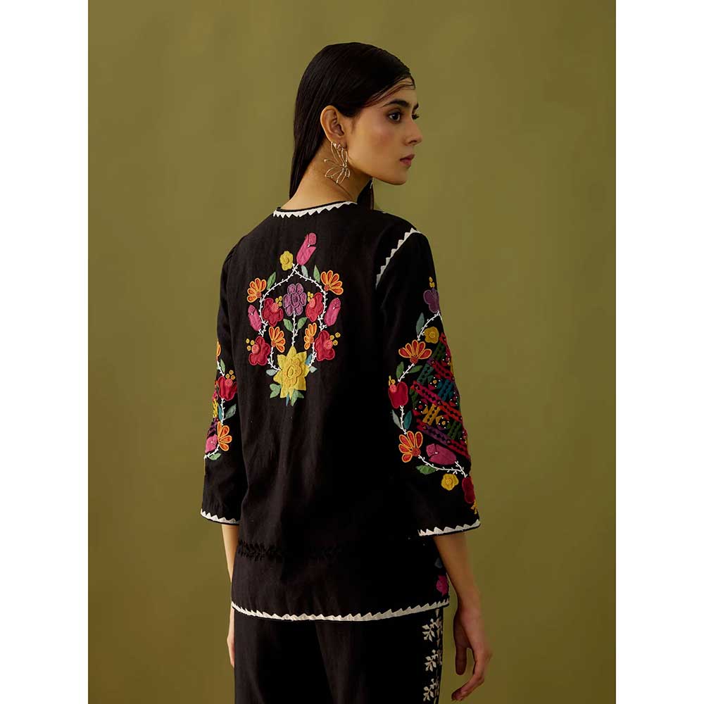 CHANDRIMA Black Yoke Detail Embroidered Jacket