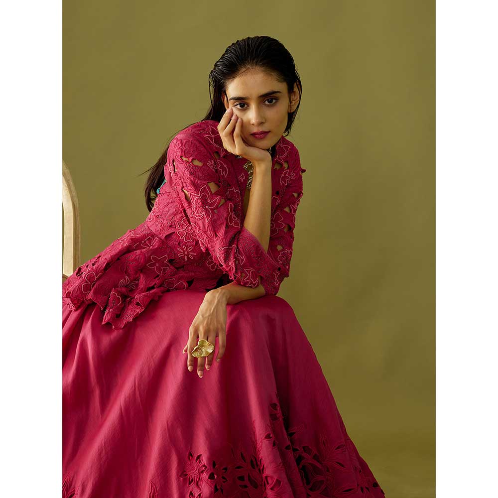 CHANDRIMA Fuchsia Pink Cutwork Skirt