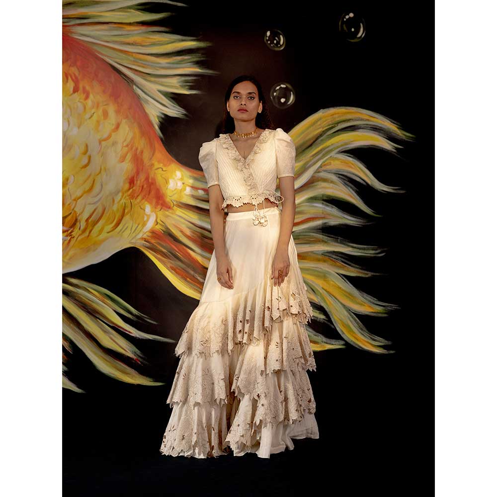 CHANDRIMA Ivory Pleated Half Sleeves Crop Top