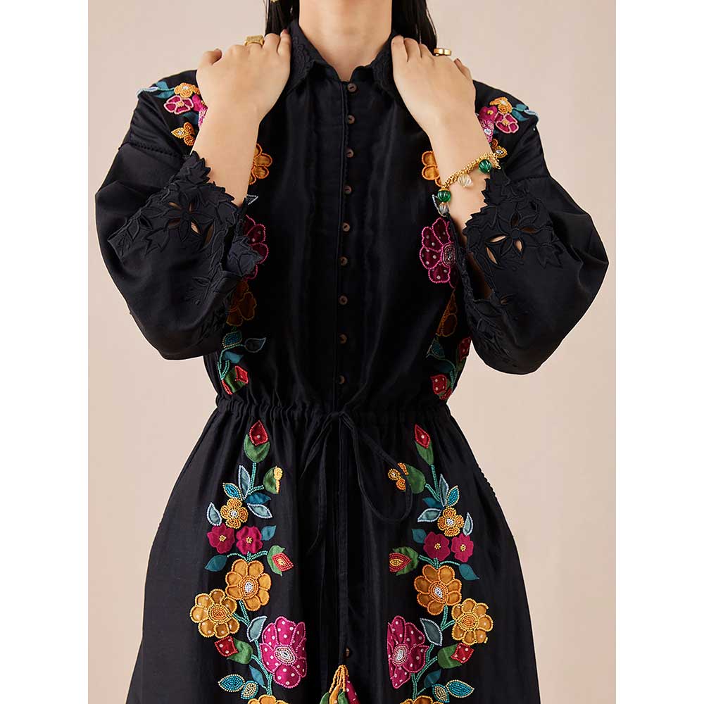 CHANDRIMA Black Applique Shirt Dress