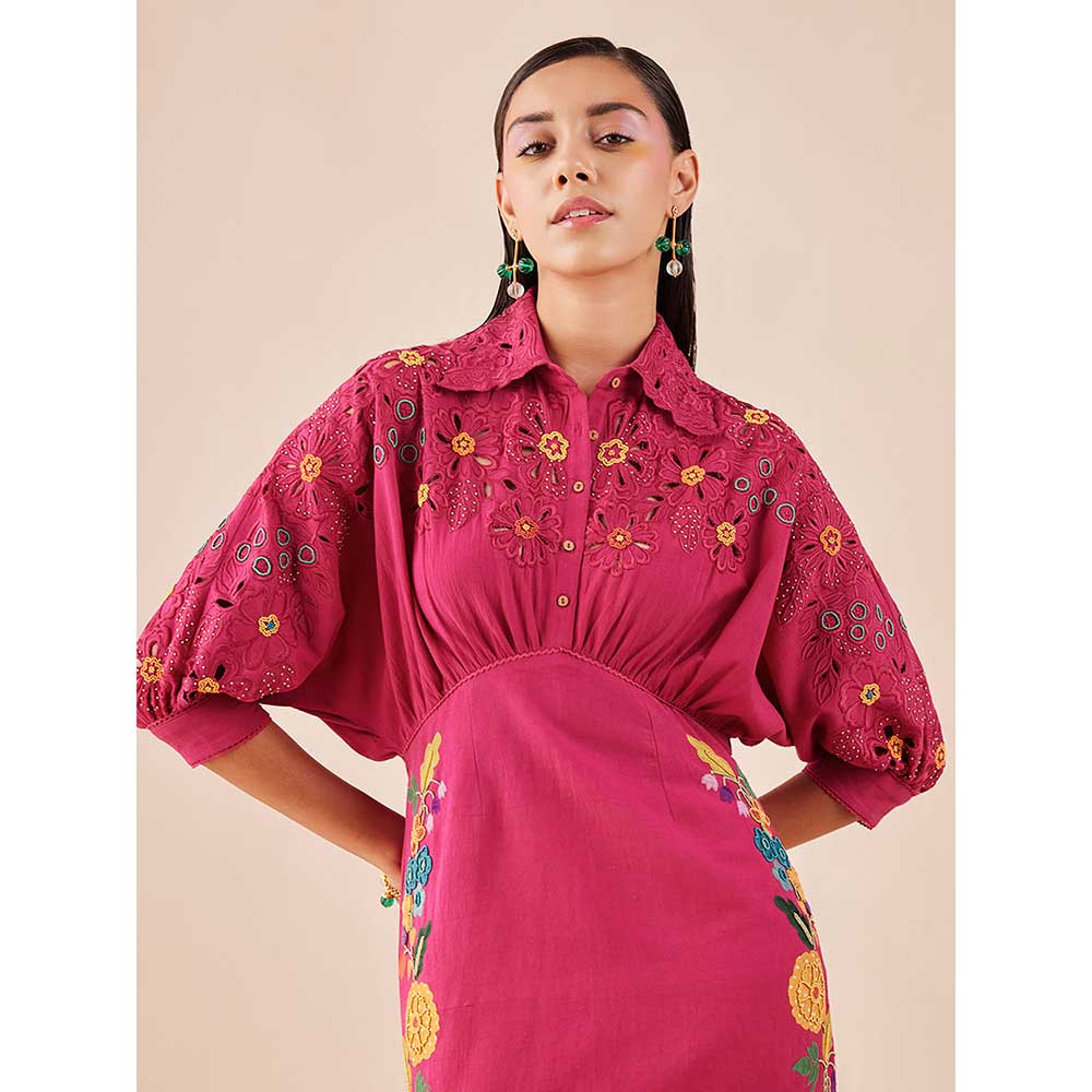 CHANDRIMA Fuchsia Applique And Beadwork Kimono Dress
