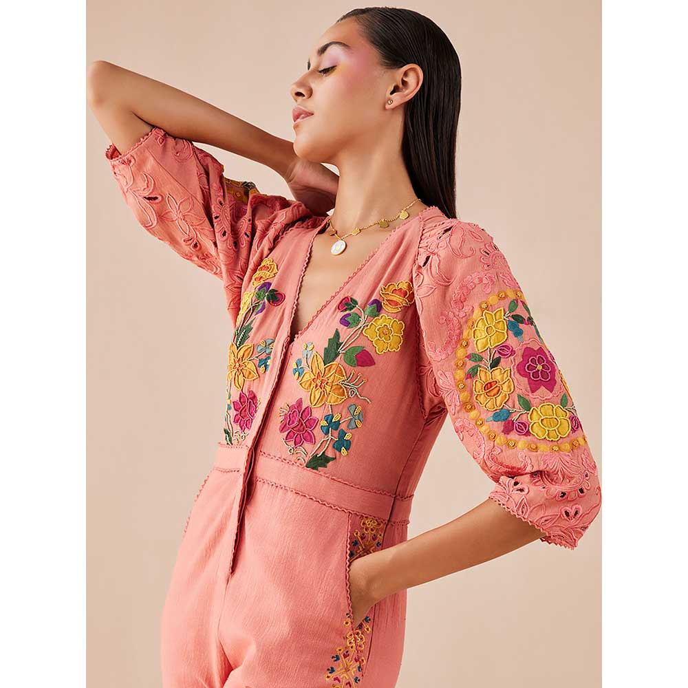 CHANDRIMA Blush Floral Applique And Cutwork Jumpsuit