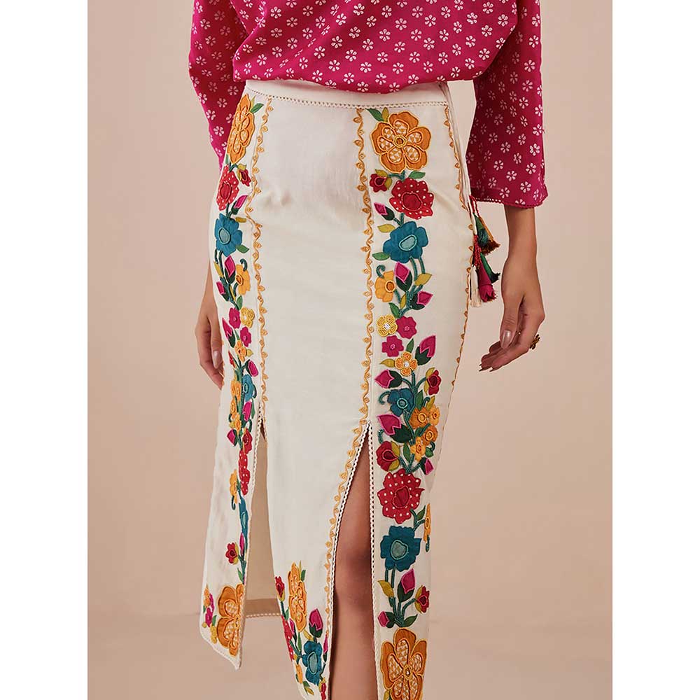 CHANDRIMA Ivory Applique & Beadwork Slit Detail Skirt
