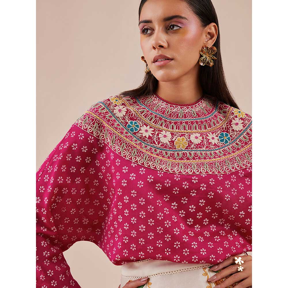 CHANDRIMA Fuchsia Yoke Detail Printed Top