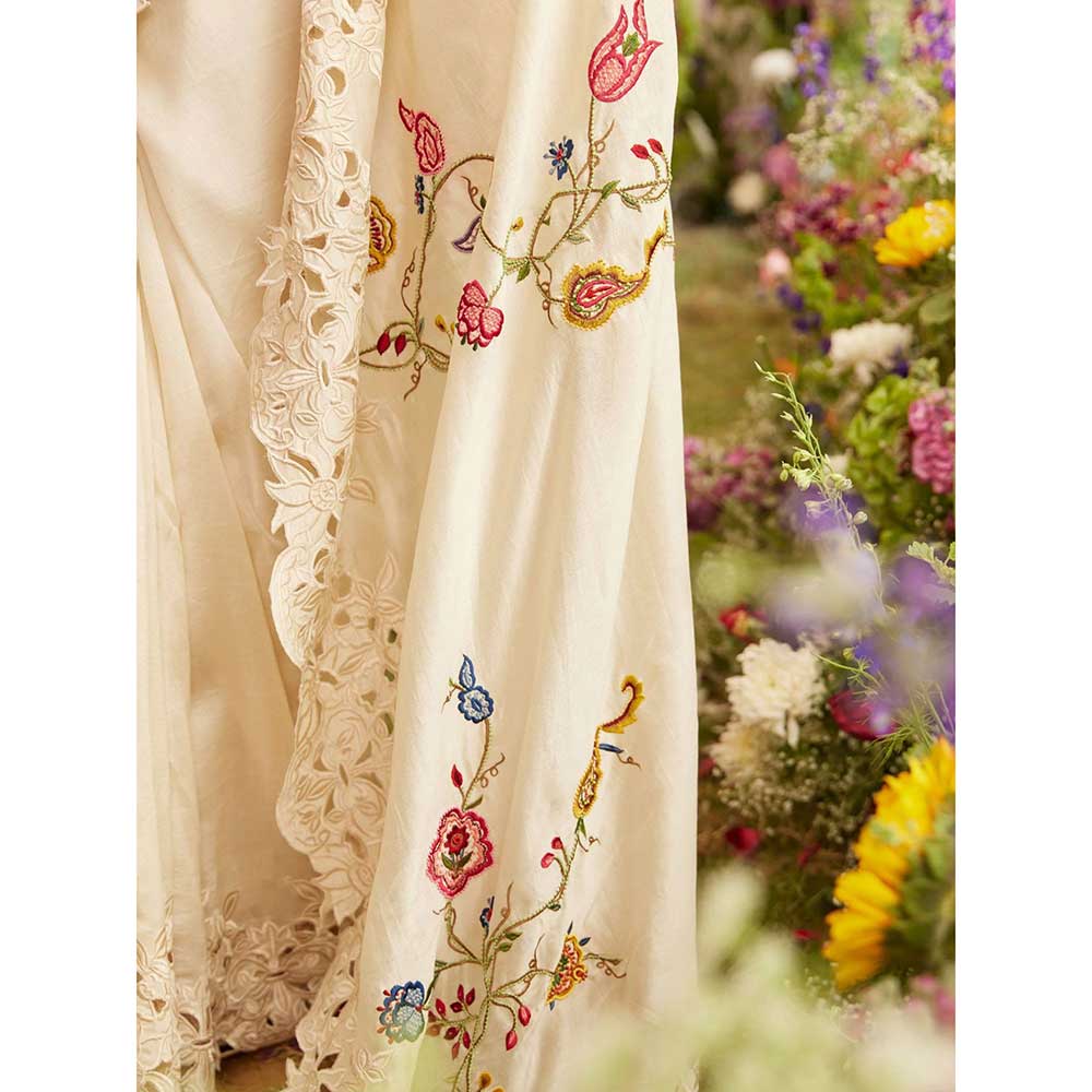 CHANDRIMA Ivory Embroidered & Cutwork Saree with Unstitched Blouse