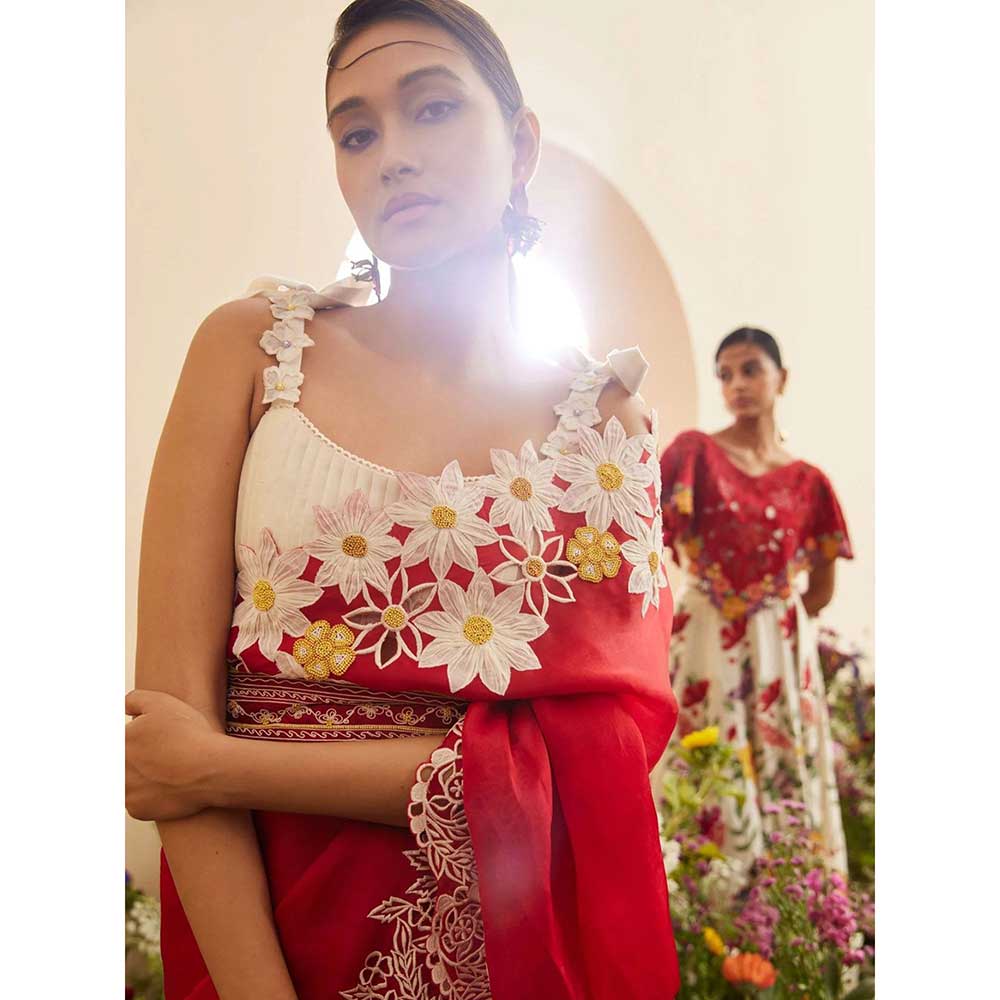 CHANDRIMA Red Organza Applique Saree with Unstitched Blouse