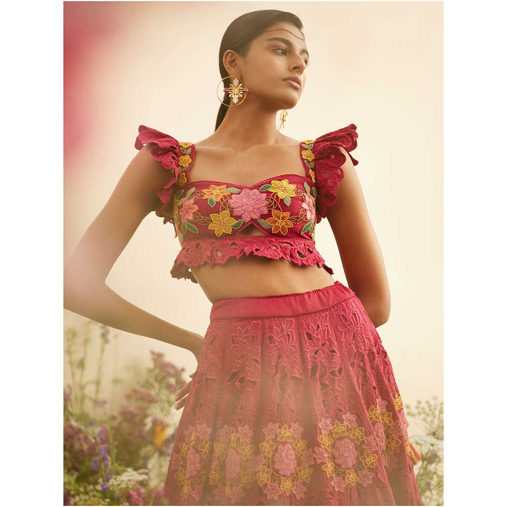 CHANDRIMA Fuchsia Beadwork & Cutwork Crop Top
