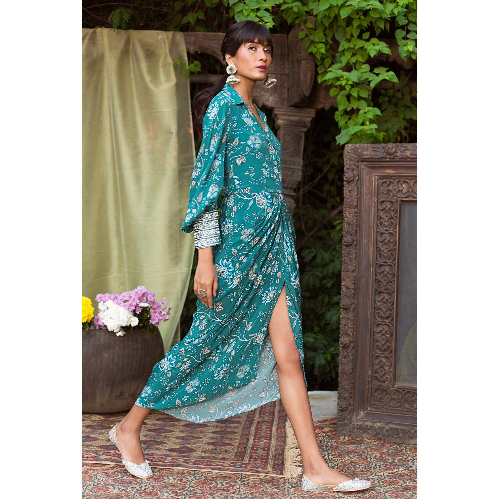 Chhavvi Aggarwal Teal Draped Shirt Dress