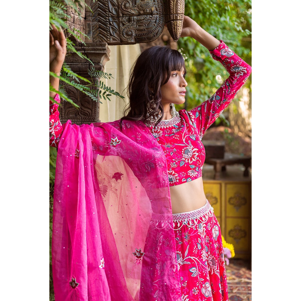 Chhavvi Aggarwal Red And Pink Lehenga (Set of 3)