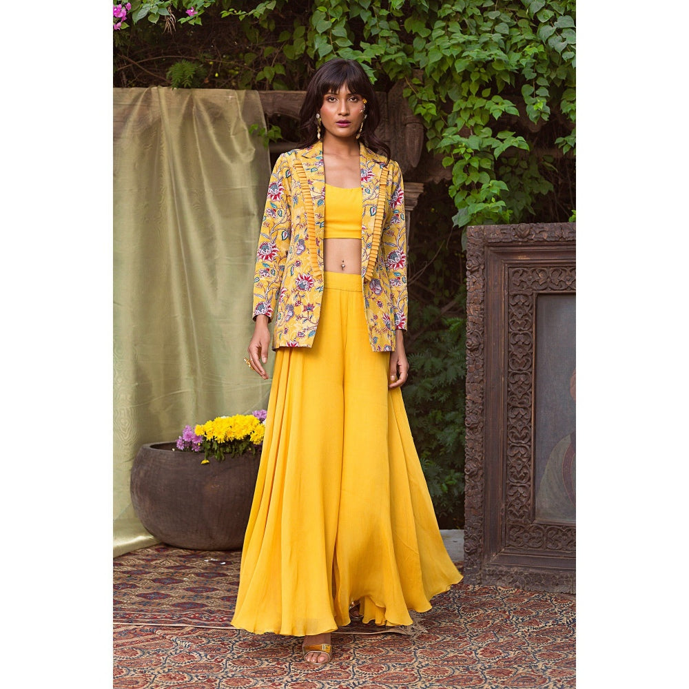 Chhavvi Aggarwal Yellow Blazer With Palazzo And Crop Blouse (Set of 3)